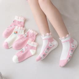 5 Pairs of Children's Socks with Color-Blocking Rabbit and Floral Patterns, Pink Trendy Versatile Lace Mid-Calf Socks for Girls, Suitable for Everyday Casual Life in All Seasons