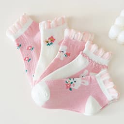 5 Pairs of Children's Socks with Color-Blocking Rabbit and Floral Patterns, Pink Trendy Versatile Lace Mid-Calf Socks for Girls, Suitable for Everyday Casual Life in All Seasons
