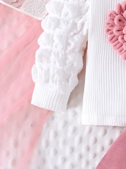 2PCS Winter New Style For 0-3 Year Old Girls, Comfortable Sweet And Cute Bubble Sleeves, Love Chapter Top + Pink Short Skirt Set