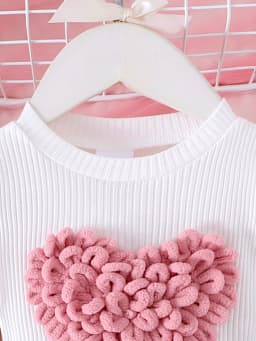 2PCS Winter New Style For 0-3 Year Old Girls, Comfortable Sweet And Cute Bubble Sleeves, Love Chapter Top + Pink Short Skirt Set