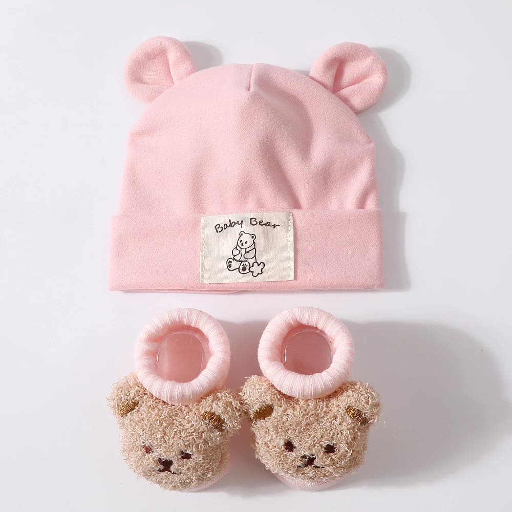 2pcs Bear Ear Baby Hat Knit Socks Set Cotton Newborn Headscarf Beanies Autumn Winter Warm Kids Pullover Cap Baby Accessories