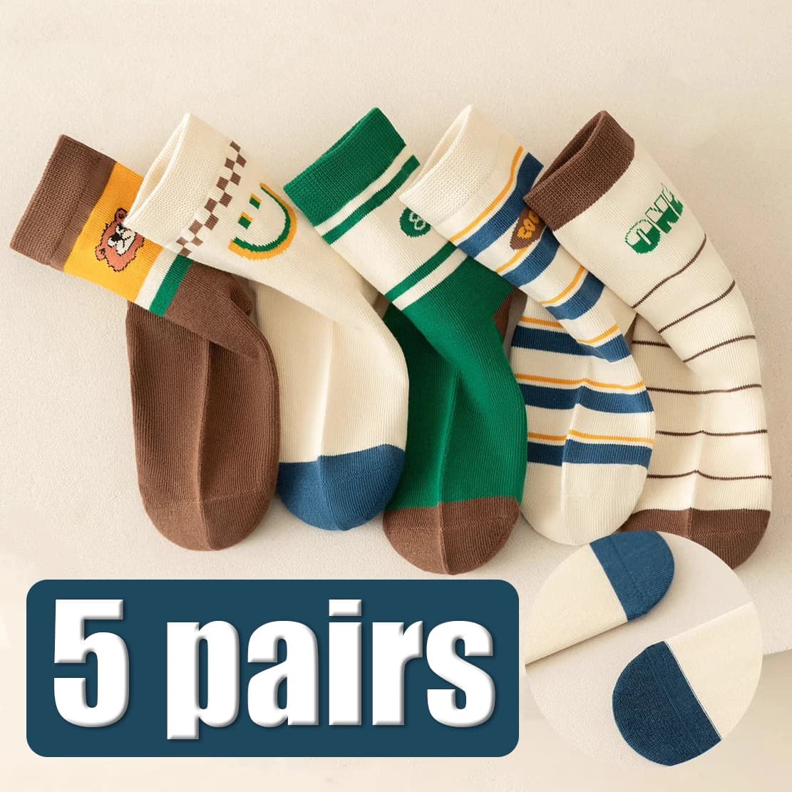 5Pairs Kids Mid‑Calf Socks Autumn Cartoon Striped Soft Breathable Boys Girls Casual Children Socks Set