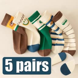 5Pairs Kids Mid‑Calf Socks Autumn Cartoon Striped Soft Breathable Boys Girls Casual Children Socks Set