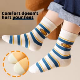 5Pairs Kids Mid‑Calf Socks Autumn Cartoon Striped Soft Breathable Boys Girls Casual Children Socks Set