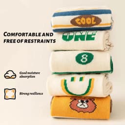 5Pairs Kids Mid‑Calf Socks Autumn Cartoon Striped Soft Breathable Boys Girls Casual Children Socks Set