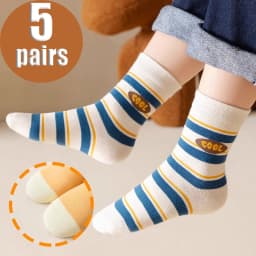 5Pairs Kids Mid‑Calf Socks Autumn Cartoon Striped Soft Breathable Boys Girls Casual Children Socks Set