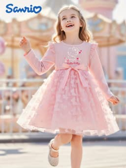 Girls' Hello Kitty Tulle Dress, Long-Sleeve 3D Butterfly Princess Dress for Autumn