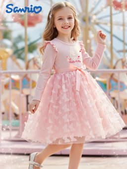 Girls' Hello Kitty Tulle Dress, Long-Sleeve 3D Butterfly Princess Dress for Autumn