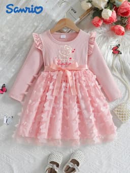 Girls' Hello Kitty Tulle Dress, Long-Sleeve 3D Butterfly Princess Dress for Autumn