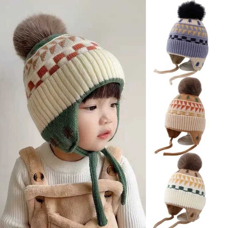 Ear Protection Baby Beanie Caps with Earflaps Soft Warm Pom Pom Winter Warm Knitted Hat for Infant Toddler Kids Boys Girls