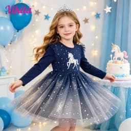 VIKITA Kids Unicorn Dresses for Girls Birthday Party Prom Gown Princess Dress Kids Long Sleeve Spring Autumn Dress Girl Clothes