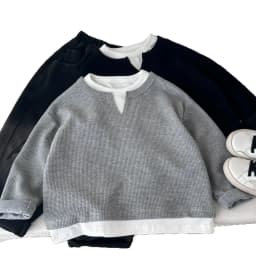 Kids Boys Waffle Grid Long Sleeved V-neck T-shirt Spring Autumn 2026 Pullover Cotton Hoodie Kids Handsome Fake Two Items Tops