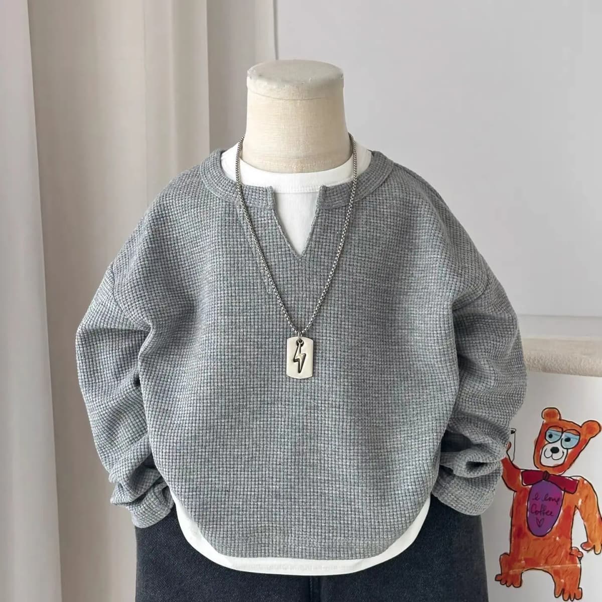 Kids Boys Waffle Grid Long Sleeved V-neck T-shirt Spring Autumn 2026 Pullover Cotton Hoodie Kids Handsome Fake Two Items Tops