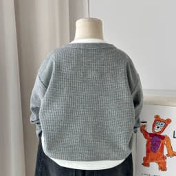 Kids Boys Waffle Grid Long Sleeved V-neck T-shirt Spring Autumn 2026 Pullover Cotton Hoodie Kids Handsome Fake Two Items Tops