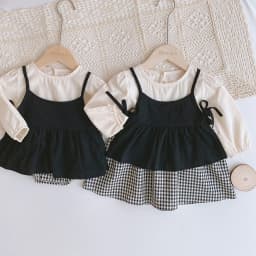 Korean Version Spring and Autumn 1-5 Years Old Sisters Suit Long Sleeve Plaid Dress+suspender Vest Two-piece Baby Jumpsuit