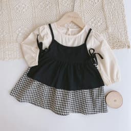 Korean Version Spring and Autumn 1-5 Years Old Sisters Suit Long Sleeve Plaid Dress+suspender Vest Two-piece Baby Jumpsuit