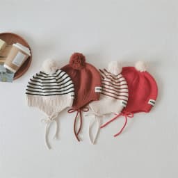 Fashion Striped Children Ear Protection Hat Solid Color Woolen Knit Hat 2-6Year Kids Winter Warm Pullover Cap Plush Ball Beanies