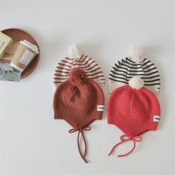 Fashion Striped Children Ear Protection Hat Solid Color Woolen Knit Hat 2-6Year Kids Winter Warm Pullover Cap Plush Ball Beanies
