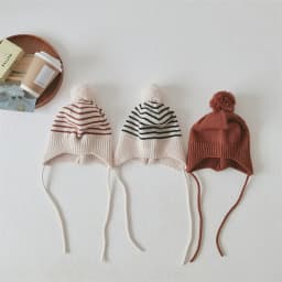 Fashion Striped Children Ear Protection Hat Solid Color Woolen Knit Hat 2-6Year Kids Winter Warm Pullover Cap Plush Ball Beanies
