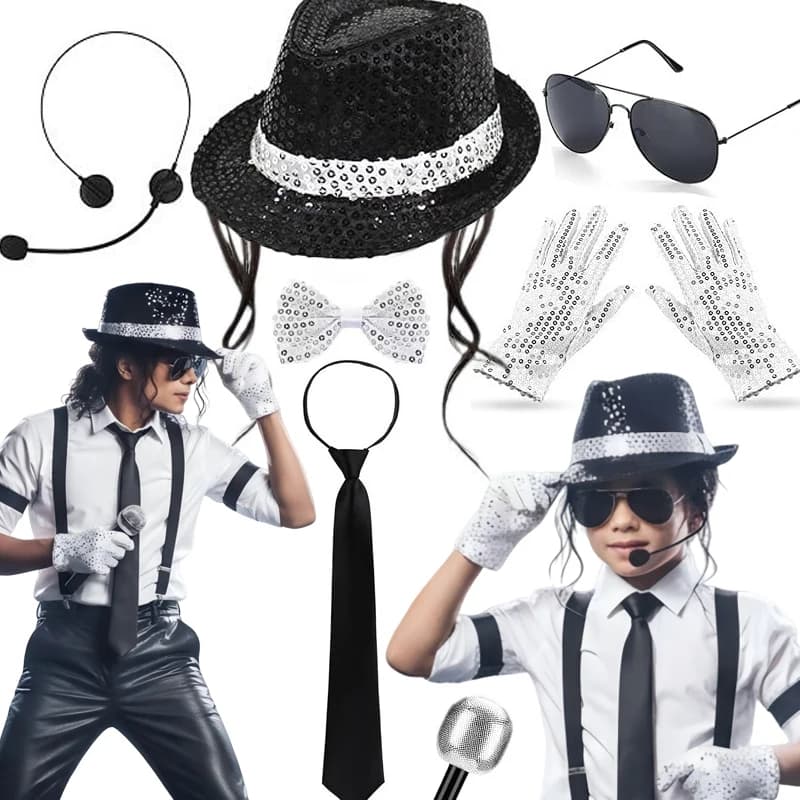 70 80s Superstars Michael Jackson Cosplay Prop MJ Hat with Wig Glove Glasses Set Fans Performance Costume Birthday Dance Gifts