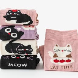 5 Pairs of Kidsren's Socks Cartoon Cute Kitten Stripesd Pattern All Year Round Baby Boy and Girl Color Matching Cat Mid-Calf Socks Suitable for Daily Life