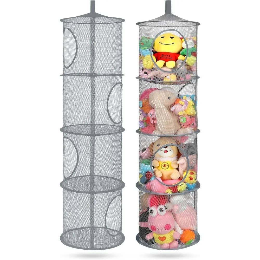 Foldable Plush Animal Storage Net 4 Compartments Hanging Mesh Toy Storage Hammock for Kids Room Toys Gloves Hats Socks