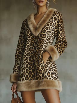 Daily Brown Leopard V Neck Long Sleeve Pocket Western Contrast Faux Fur Mini Dresses
