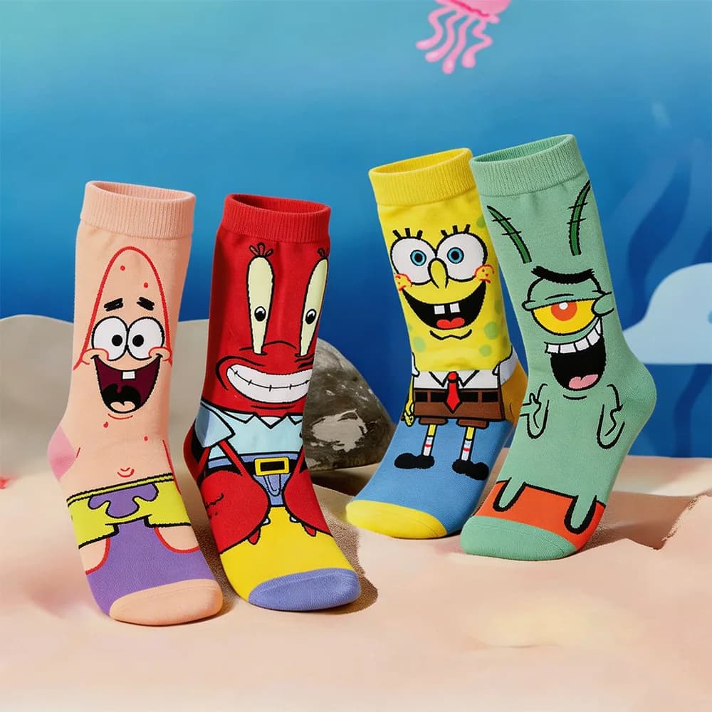 Funny Yellow Sponge Cartoon Square Anime Character Octopus Tentacles The Crab Boss Socks Men Women Breathable Cotton Stockings