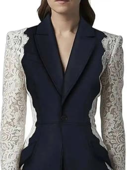 DEAT Fashion Women's Blazer New Fashion Notched Lace Patchwork Long Sleeve Contrast Suit Jackets Female Spring 2025 17A1298