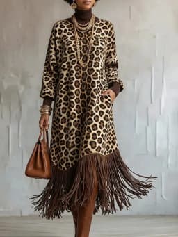 SHENGPALAE Women Dress Maxi Long Sleeve Leopard Print Tassel Hem High Neck Loose Vintage Bohemian Pocket Detail Autumn 2026 New