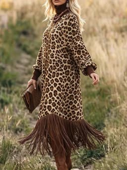 SHENGPALAE Women Dress Maxi Long Sleeve Leopard Print Tassel Hem High Neck Loose Vintage Bohemian Pocket Detail Autumn 2026 New
