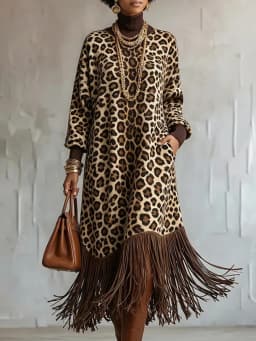 SHENGPALAE Women Dress Maxi Long Sleeve Leopard Print Tassel Hem High Neck Loose Vintage Bohemian Pocket Detail Autumn 2026 New