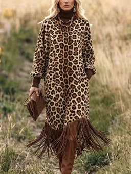 SHENGPALAE Women Dress Maxi Long Sleeve Leopard Print Tassel Hem High Neck Loose Vintage Bohemian Pocket Detail Autumn 2026 New