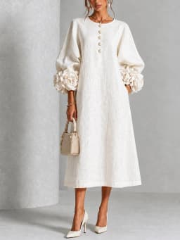 Elegant Women Linen Midi Dress O Neck 3D Floral Lantern Sleeve Button Loose Straight Long Dress Modest Casual Party Dresses