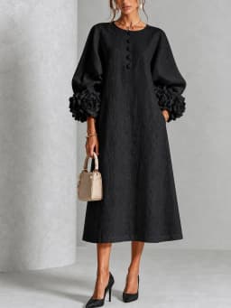 Elegant Women Linen Midi Dress O Neck 3D Floral Lantern Sleeve Button Loose Straight Long Dress Modest Casual Party Dresses