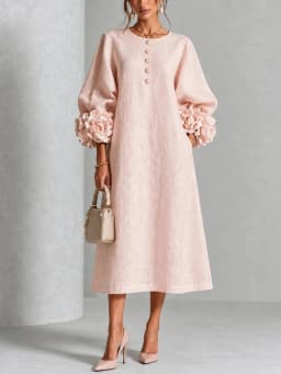 Elegant Women Linen Midi Dress O Neck 3D Floral Lantern Sleeve Button Loose Straight Long Dress Modest Casual Party Dresses