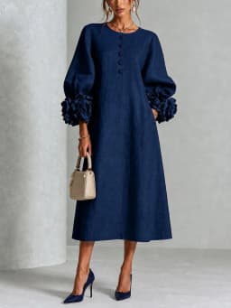 Elegant Women Linen Midi Dress O Neck 3D Floral Lantern Sleeve Button Loose Straight Long Dress Modest Casual Party Dresses