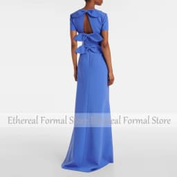Modern Blue Women's Evening Gown Mermaid Floor Length Formal Party Dress O Neck Appliques Saudi Dress Short Sleevels Prom Dress