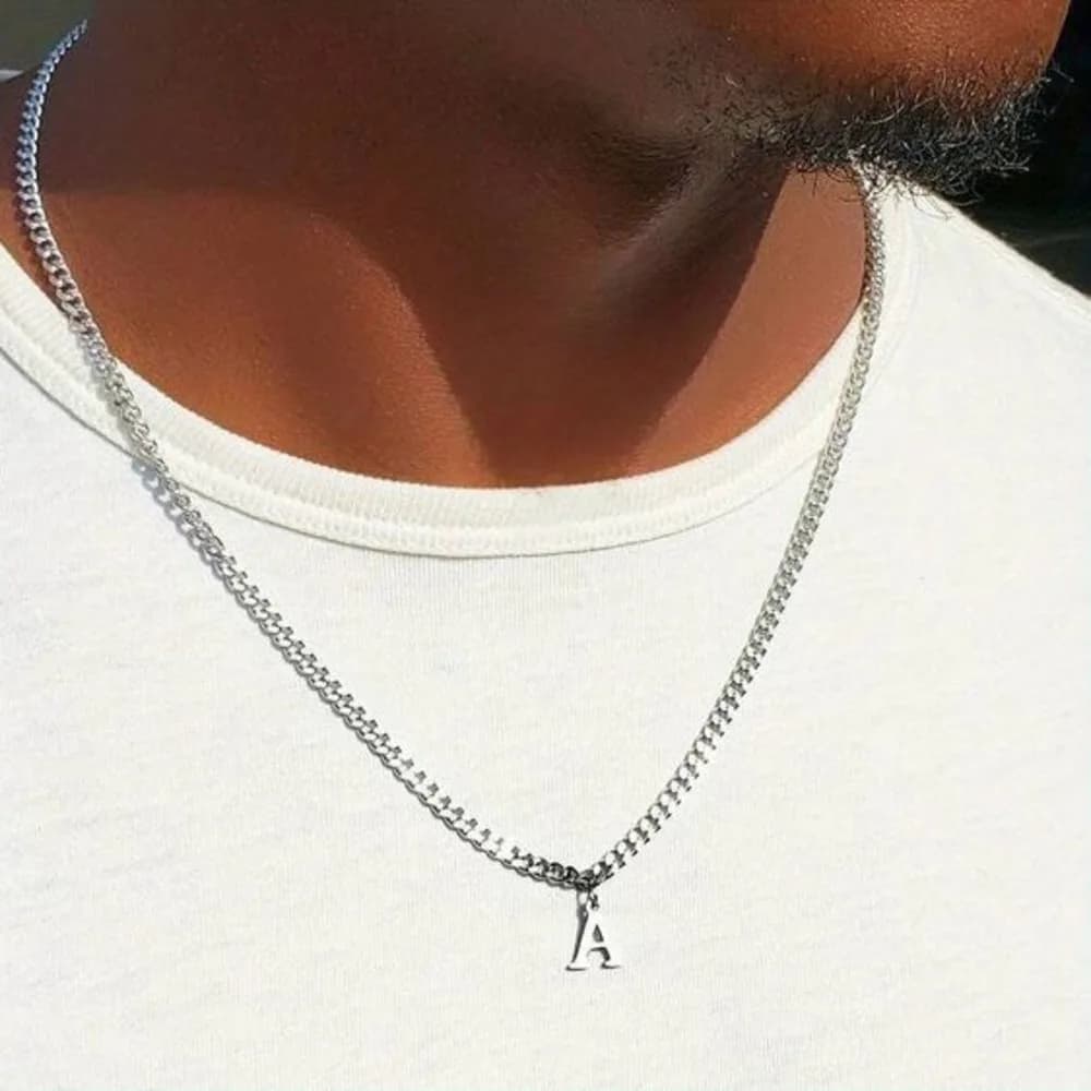 Initials Cuban Chain Necklaces for Men Boys,Waterproof A-Z 26 Alphabet Charm Pendant with 50cm/19.7" Stainless Steel Chain Gifts