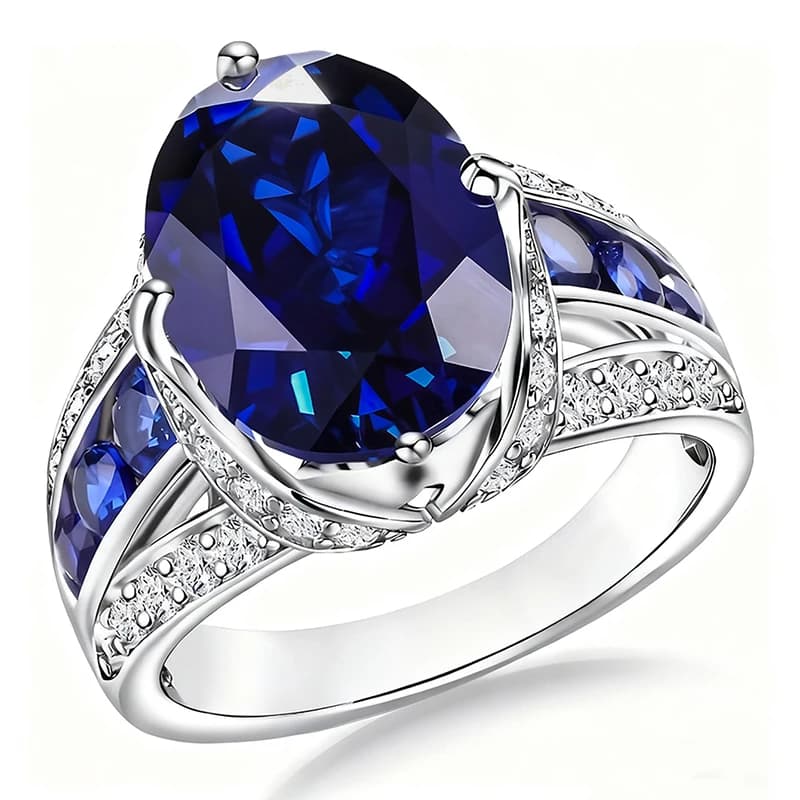 Huitan Gorgeous Oval Blue Cubic Zirconia Rings for Women Silver Color Wedding Anniversary Party Elegant Lady Accessories Jewelry