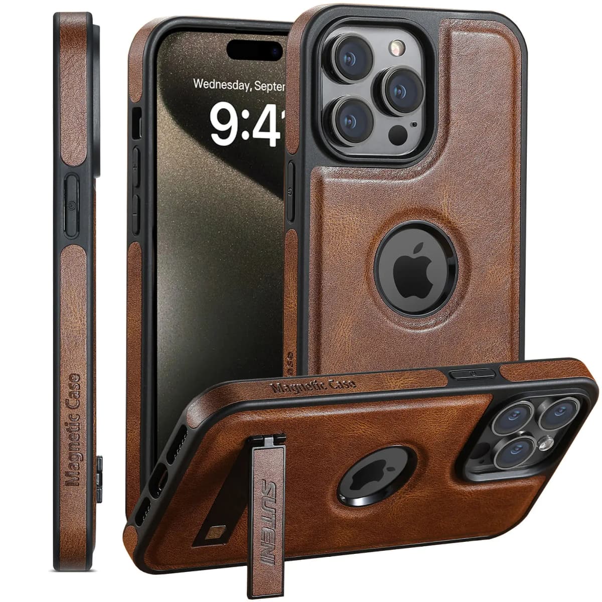 For iPhone 18 Pro 17 16 15 14 13 12 Pro Max Leather Case with Mag-safe Built-in Invisible Stand Protective Slim Kickstand Cover