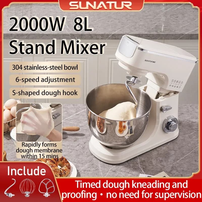 SUNATUR 8L Stand Mixer 2000W,Stainless Steel Bowl,6-Speed Dough Kneader&Egg Beater,Timed Fermentatio