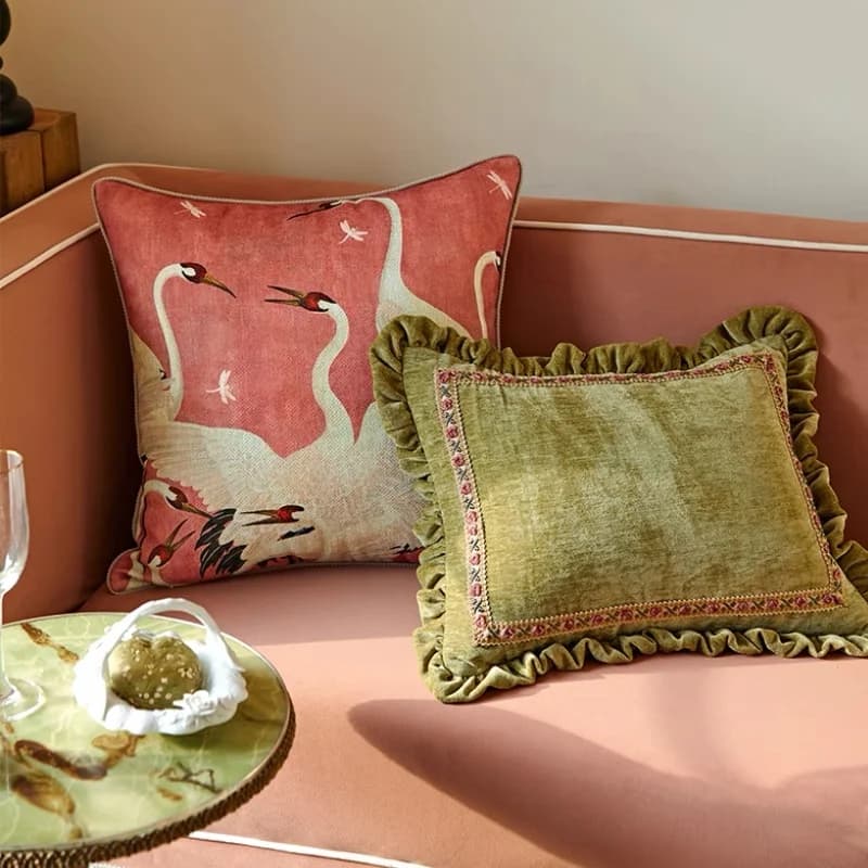 Pink Crane Pillows Luxury Green Chenille Cushion Case Vintage 45x45 50x50 Decorative Pillow Cover For Sofa Chair Home Decoration