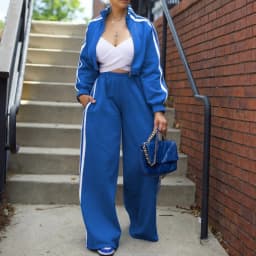 Women Wide Leg Pants Suit 2 Piece Sets Striped Jacket Floor Length Trouser Tracksuit Single Breasted 2025 Autumn Casual Ensemble