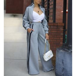 Women Wide Leg Pants Suit 2 Piece Sets Striped Jacket Floor Length Trouser Tracksuit Single Breasted 2025 Autumn Casual Ensemble