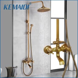 KEMAIDI Antique Brass Shower Fixture 8 Inch Rainfall Shower Head with Handheld Spray Dual Knobs Mixer Bathroom Triple Function