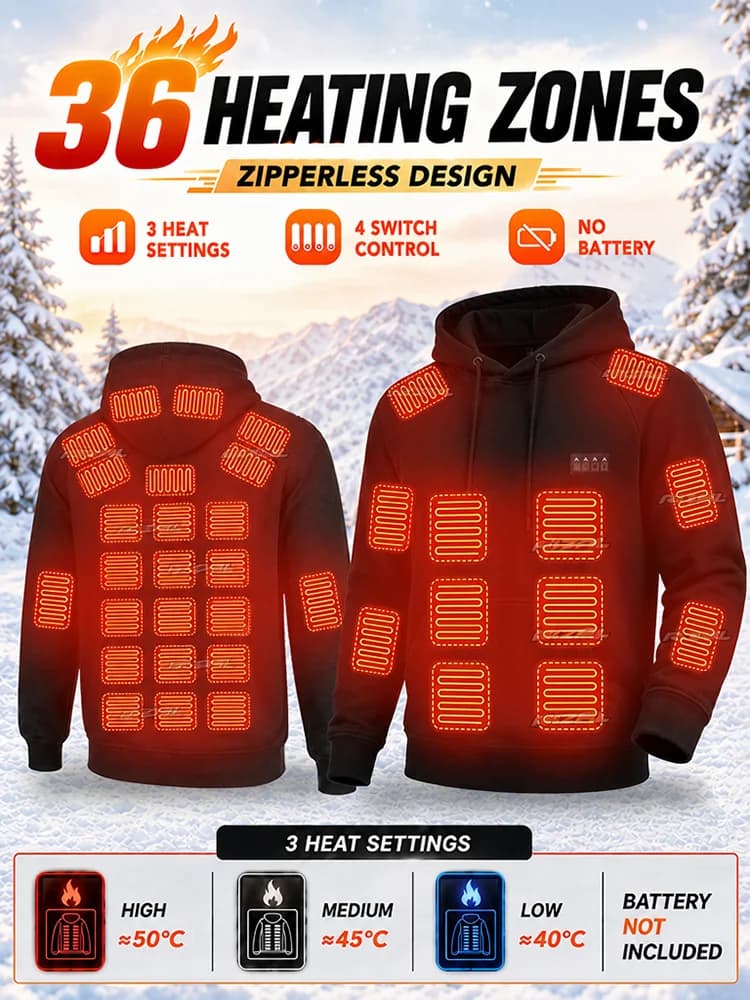 Heated Jacket Men Hoodie with 36 Heating Zones and 3 Customizable Temperature Levels, Ideal for Winter Fishing, Up to 50 Celsius