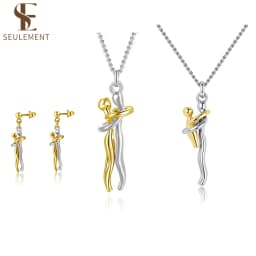 Seulement New 14K Gold Plated Embrace Pendant Couple Parent-child  Necklace for Women Two-tone Hug Earrings Jewelry Gift