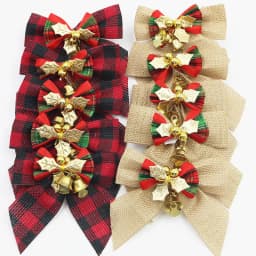 (5 Pcs/pack)8cm Christmas Checkered Butterfly Knot With Bell Christmas Decoration Home New Year Celebration Handmade DIY Pendant