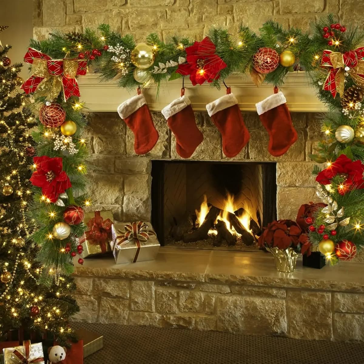 Garvee 9FT Christmas Decorations Artificial Christmas Garland in Red Gold & Silver Winter Wreath Holiday Greenery for Mantel Staircase Fireplace Indoor Outdoor Xmas Decor